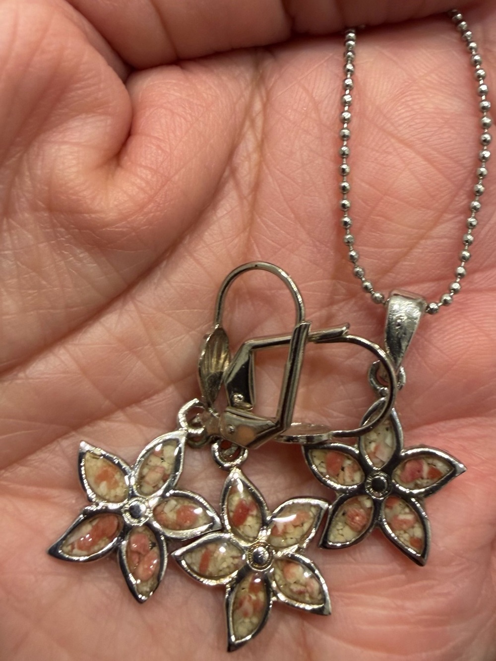 Floral Inlay Necklace Pendant in Silver Tone with Pink-Peach Accents